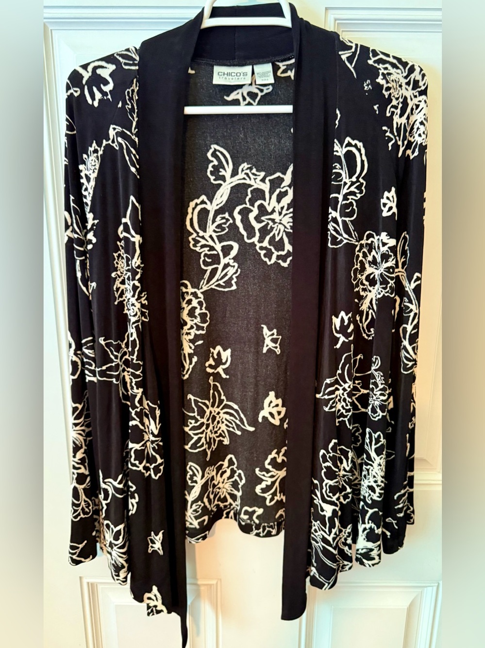 Chico's Black and Cream Floral Open Front Cardigan